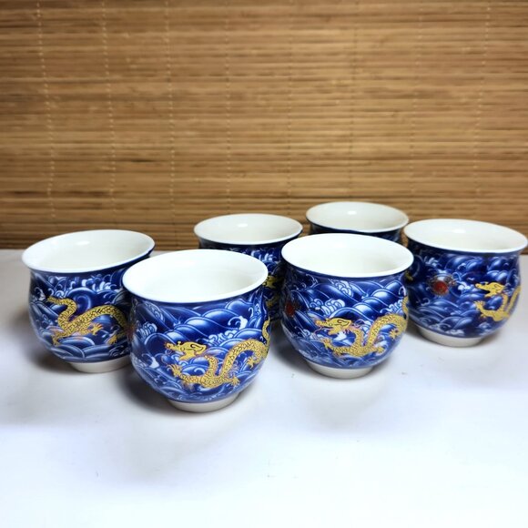 Chinese Golden Dragon Porcelain Teacups Set of 6 Double Wall Jingzhen - Picture 5 of 8